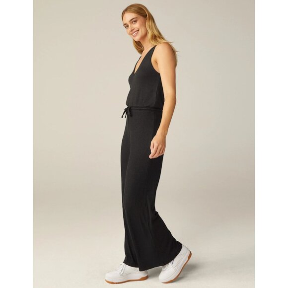 Beyond Yoga Black Ribbed Jetsetter Jumpsuit Sleeveless V-Neck Drawstring Waist - Picture 5 of 10